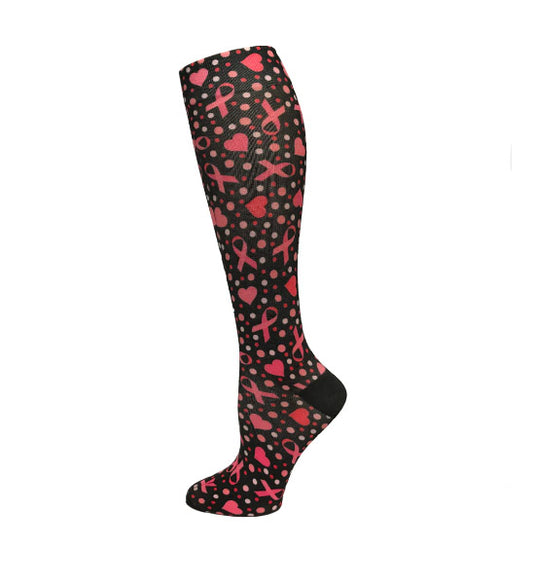 12" Soft Comfort Compression Socks Ribbons and Hearts Black