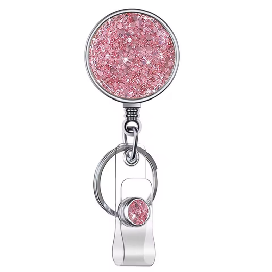 Metal Retractable Nurse Badge Reel - Pink Glitter