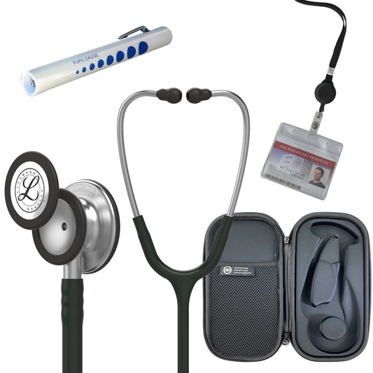 Pre Clinical Kit - Littmann Classic III Stethoscope, All Black Pod Technical Stethoscope Case, Disposable Pen Light & ID Holder