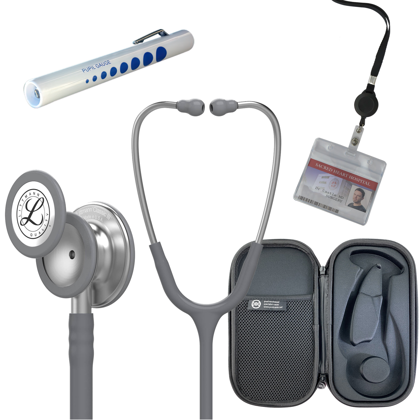 Pre Clinical Kit - Littmann Classic III Stethoscope, All Black Pod Technical Stethoscope Case, Disposable Pen Light & ID Holder