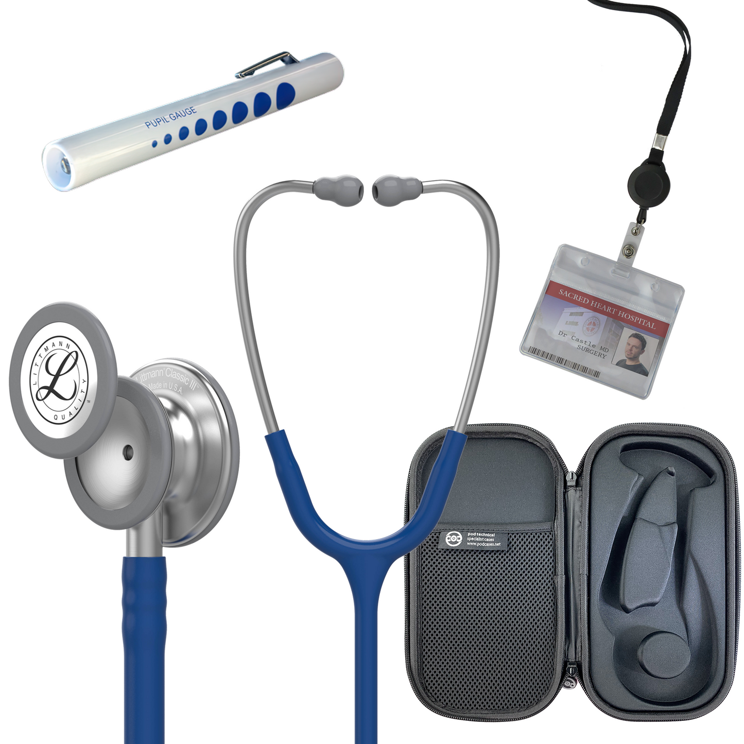 Pre Clinical Kit - Littmann Classic III Stethoscope, All Black Pod Technical Stethoscope Case, Disposable Pen Light & ID Holder