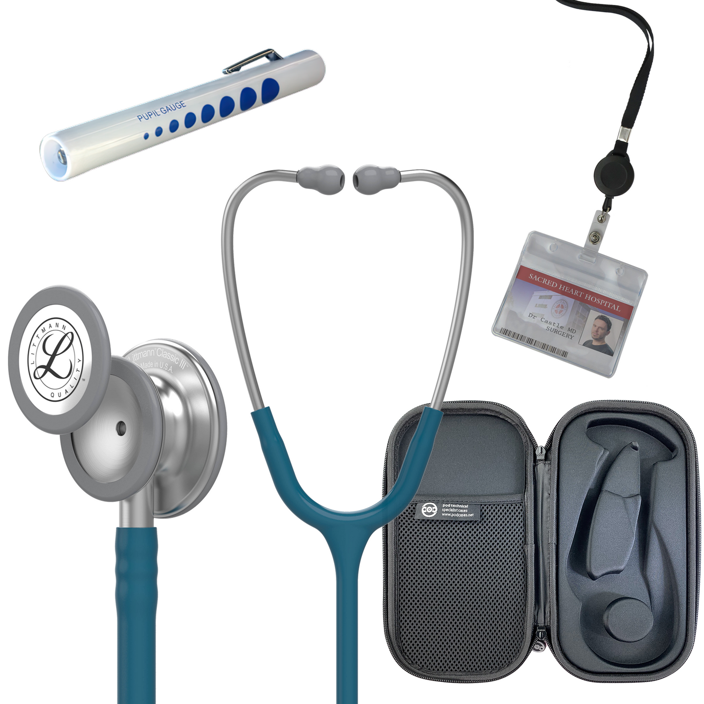 Pre Clinical Kit - Littmann Classic III Stethoscope, All Black Pod Technical Stethoscope Case, Disposable Pen Light & ID Holder