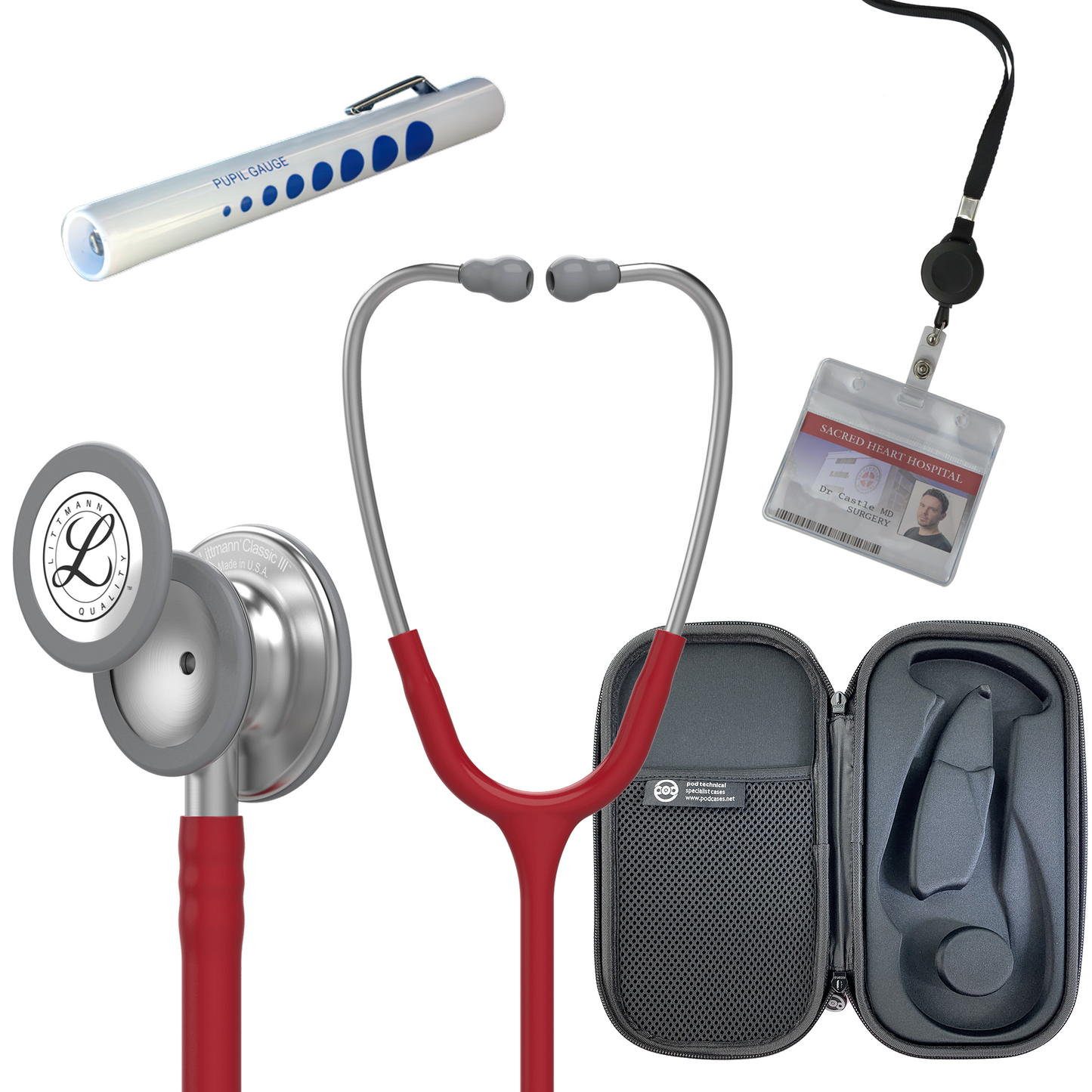 Pre Clinical Kit - Littmann Classic III Stethoscope, All Black Pod Technical Stethoscope Case, Disposable Pen Light & ID Holder