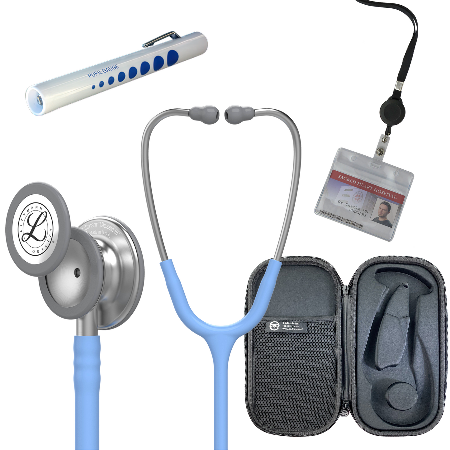 Pre Clinical Kit - Littmann Classic III Stethoscope, All Black Pod Technical Stethoscope Case, Disposable Pen Light & ID Holder