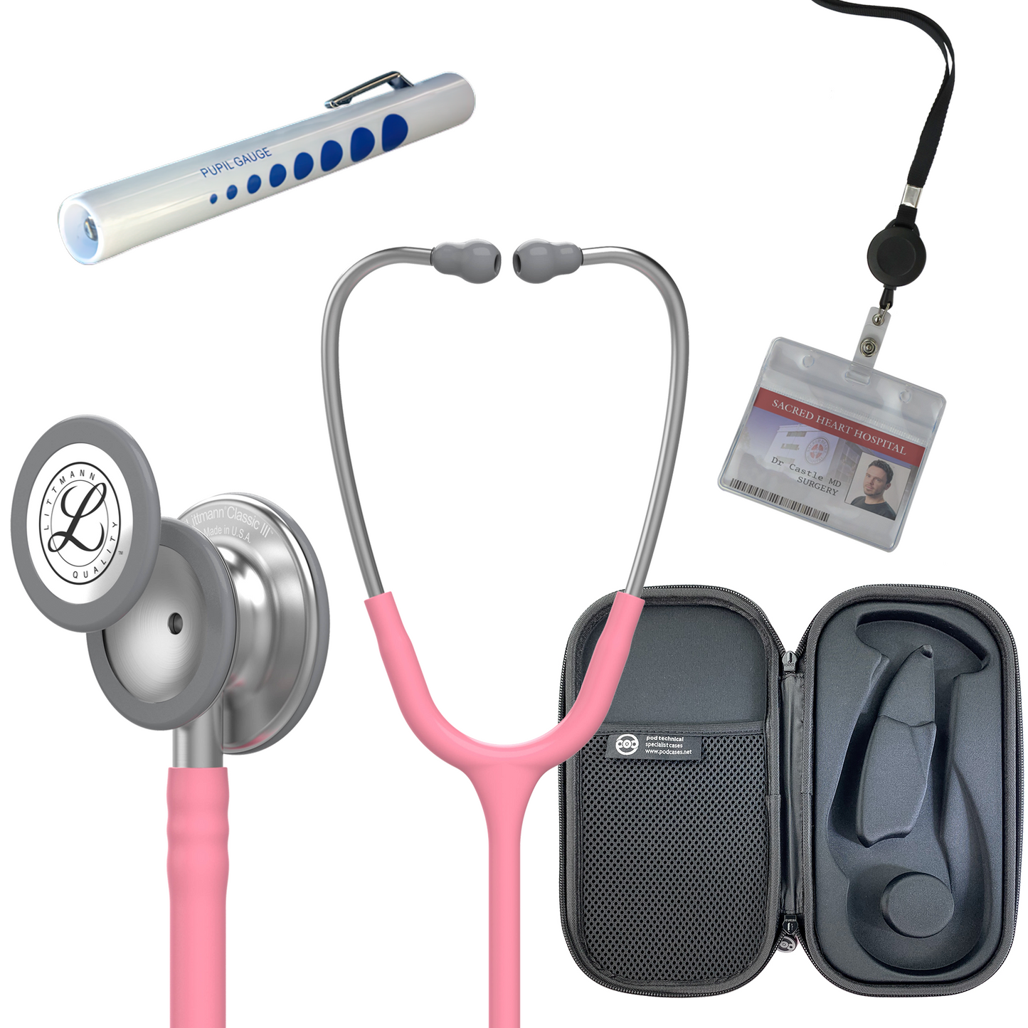 Pre Clinical Kit - Littmann Classic III Stethoscope, All Black Pod Technical Stethoscope Case, Disposable Pen Light & ID Holder