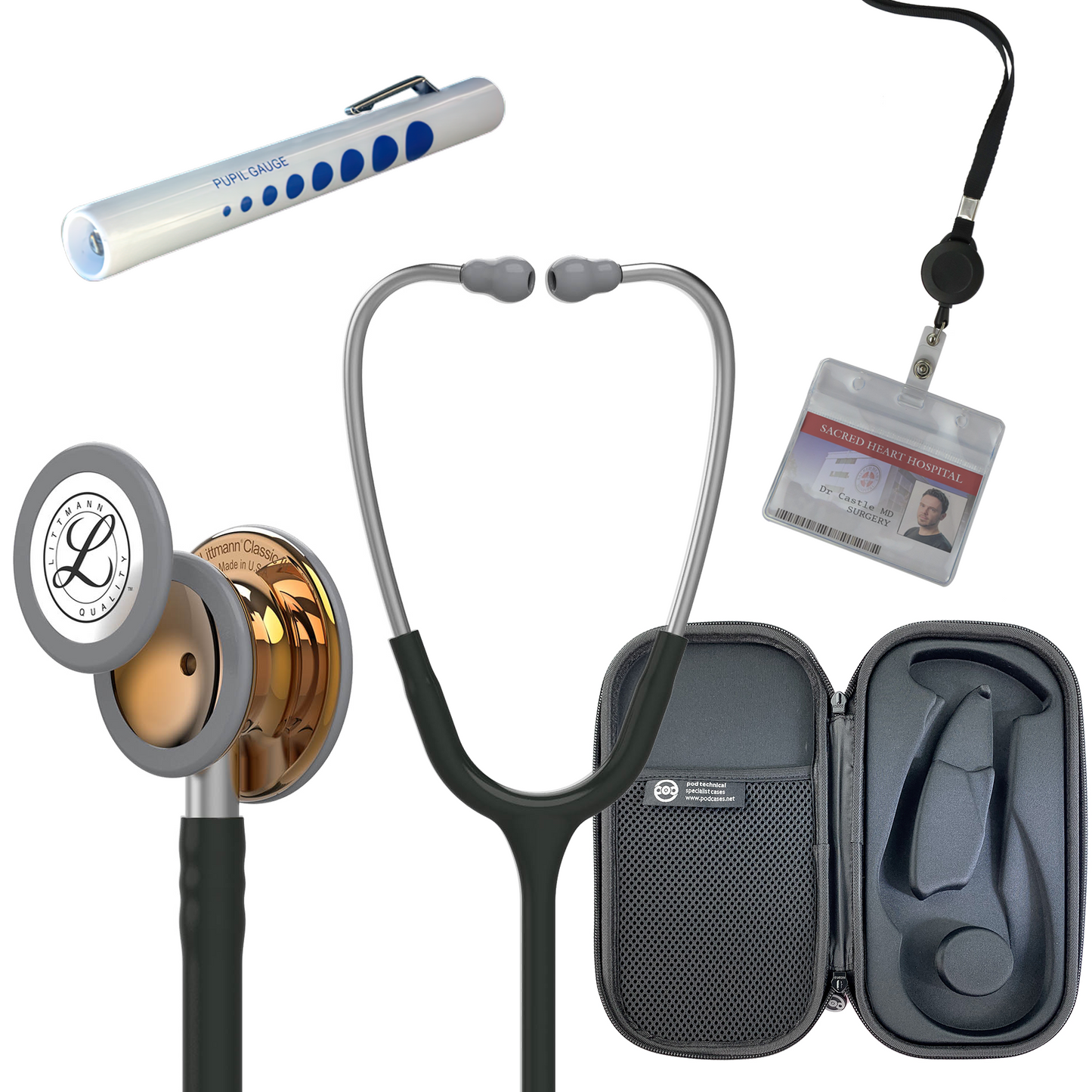 Pre Clinical Kit - Littmann Classic III Stethoscope, All Black Pod Technical Stethoscope Case, Disposable Pen Light & ID Holder