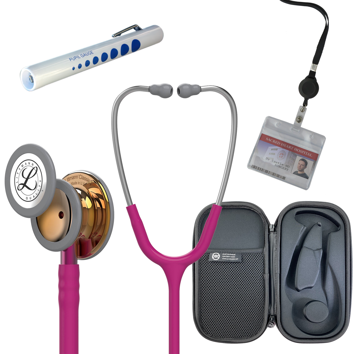 Pre Clinical Kit - Littmann Classic III Stethoscope, All Black Pod Technical Stethoscope Case, Disposable Pen Light & ID Holder