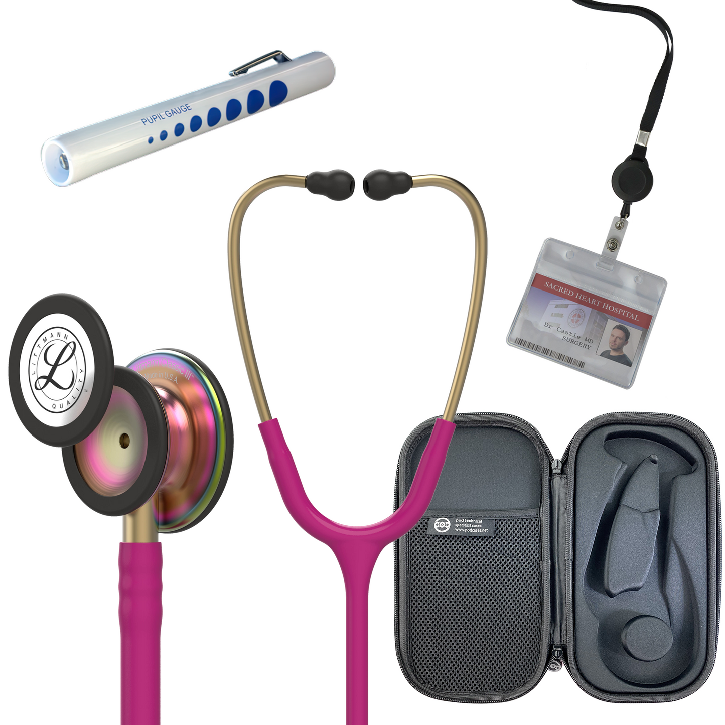 Pre Clinical Kit - Littmann Classic III Stethoscope, All Black Pod Technical Stethoscope Case, Disposable Pen Light & ID Holder