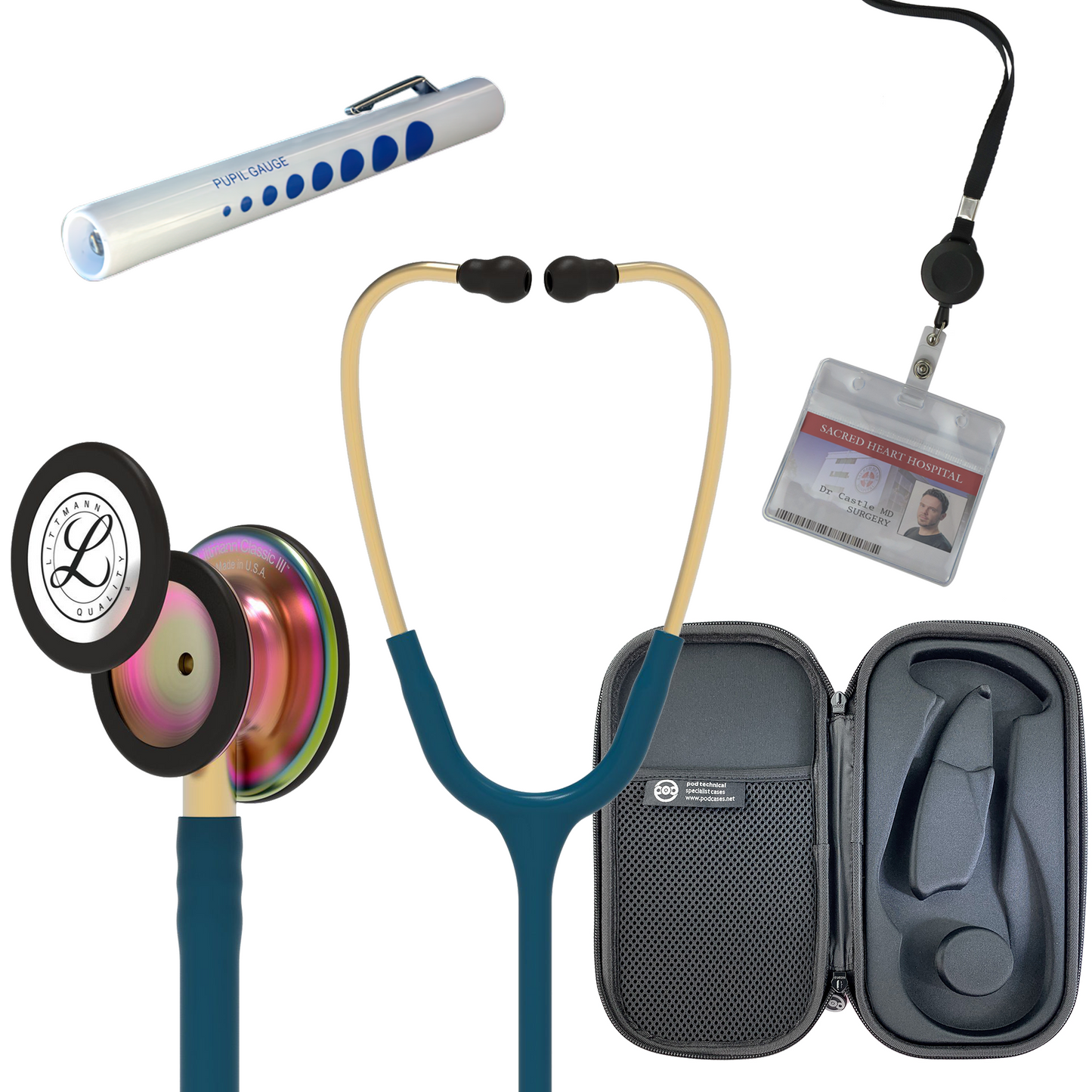 Pre Clinical Kit - Littmann Classic III Stethoscope, All Black Pod Technical Stethoscope Case, Disposable Pen Light & ID Holder