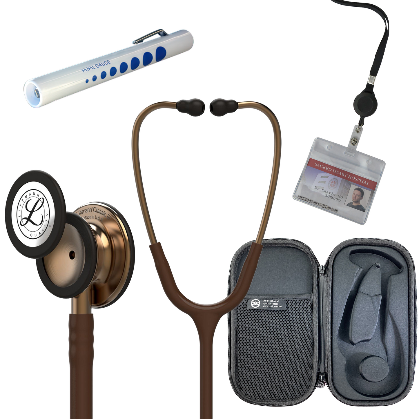 Pre Clinical Kit - Littmann Classic III Stethoscope, All Black Pod Technical Stethoscope Case, Disposable Pen Light & ID Holder