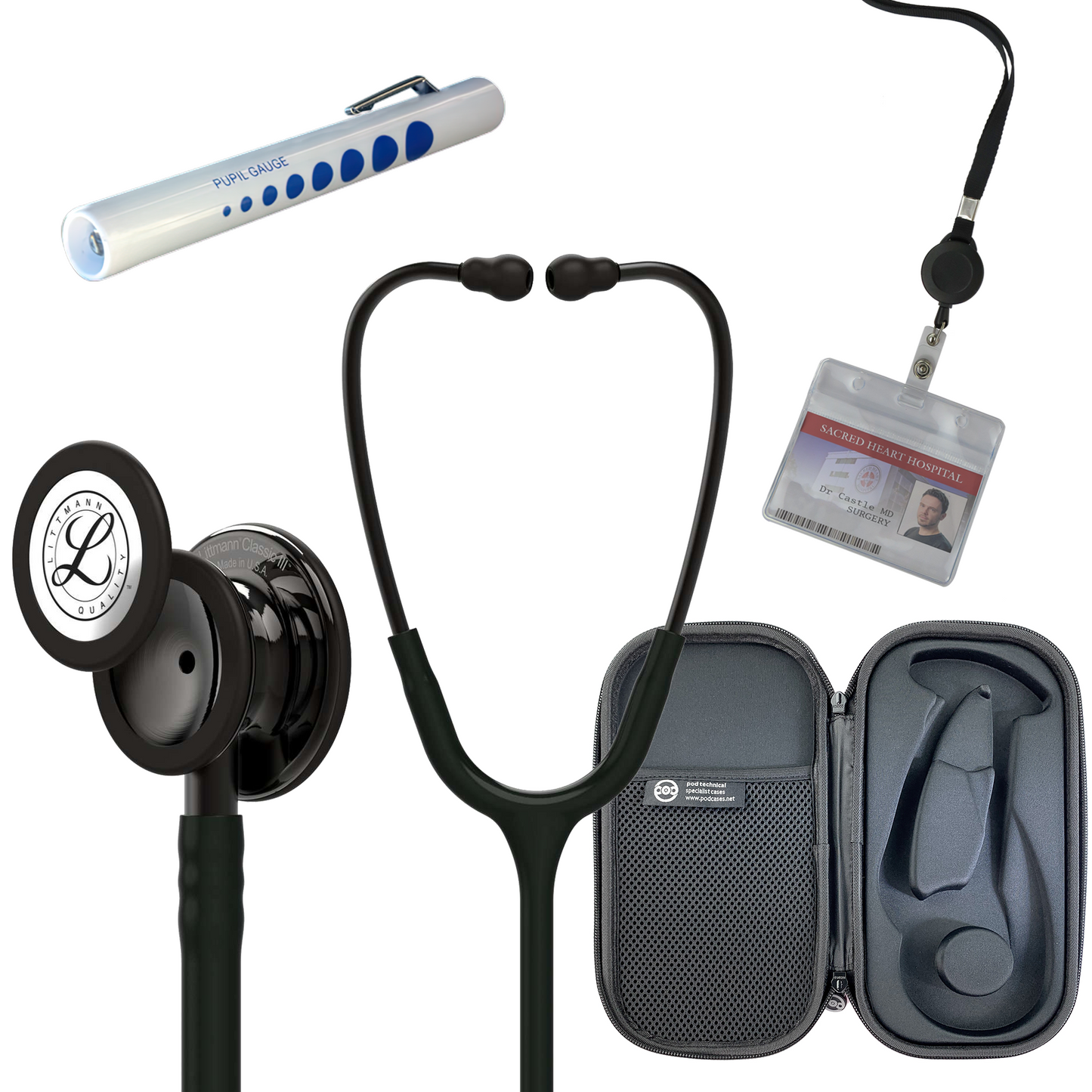 Pre Clinical Kit - Littmann Classic III Stethoscope, All Black Pod Technical Stethoscope Case, Disposable Pen Light & ID Holder