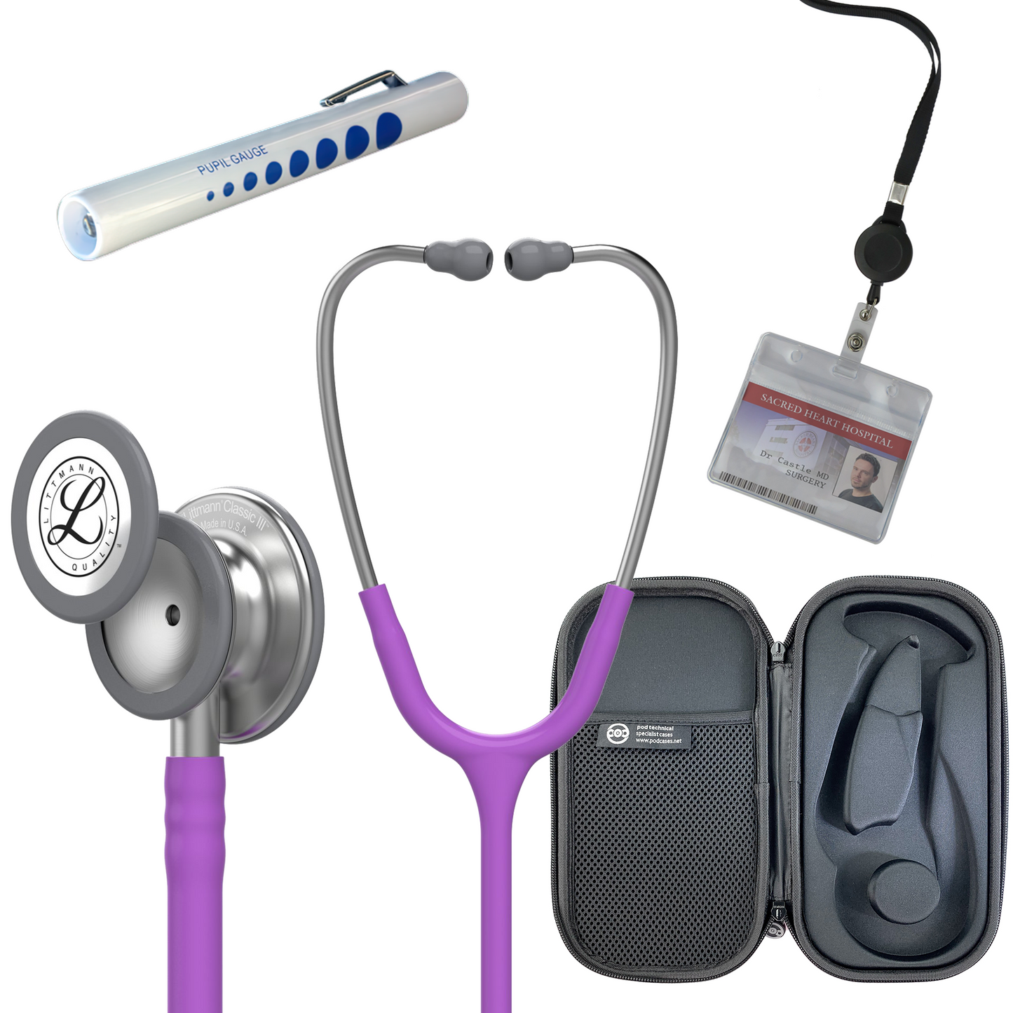 Pre Clinical Kit - Littmann Classic III Stethoscope, All Black Pod Technical Stethoscope Case, Disposable Pen Light & ID Holder