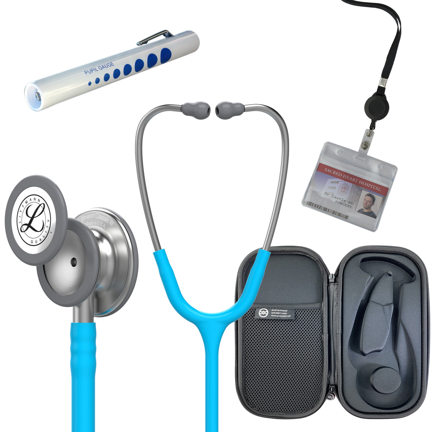 Pre Clinical Kit - Littmann Classic III Stethoscope, All Black Pod Technical Stethoscope Case, Disposable Pen Light & ID Holder