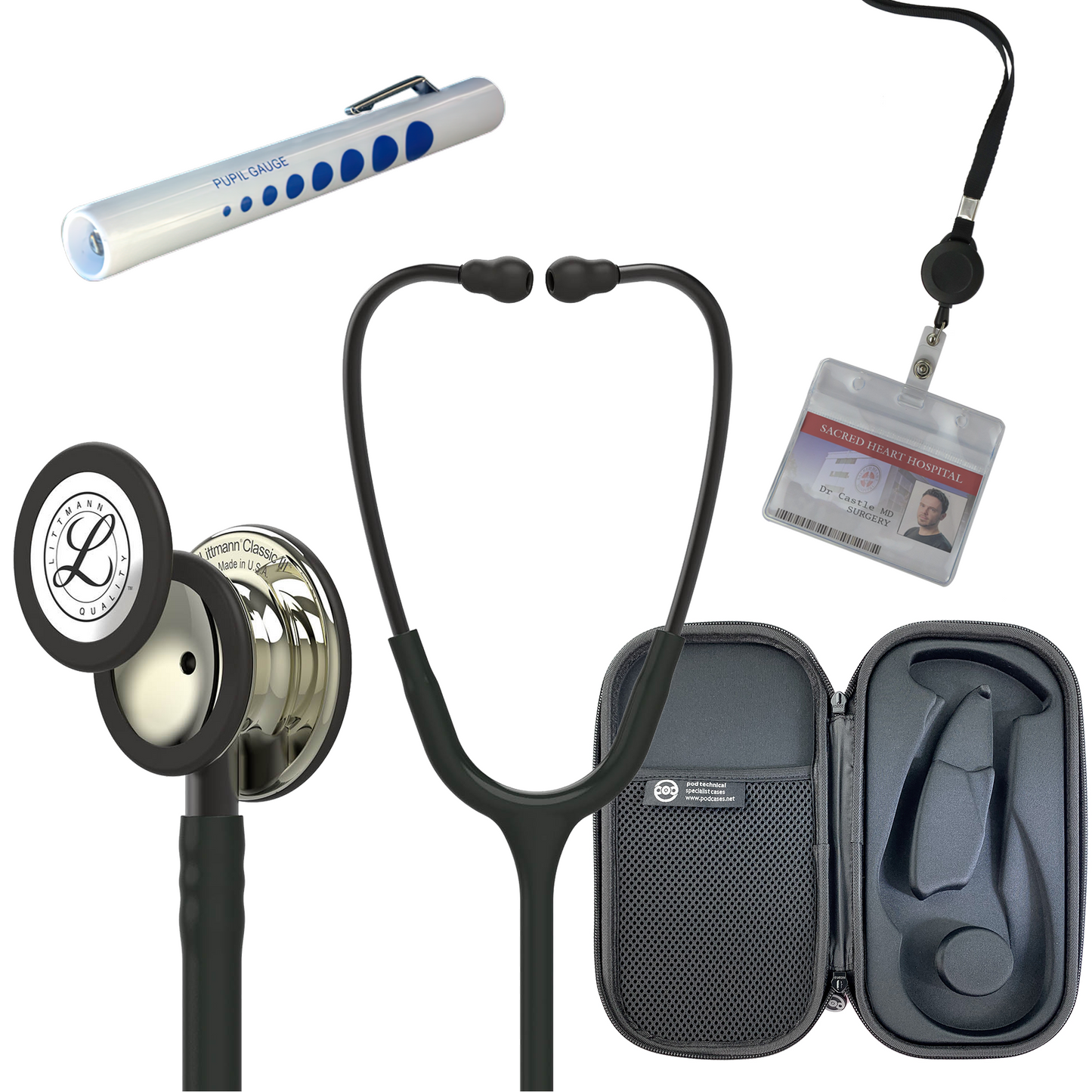 Pre Clinical Kit - Littmann Classic III Stethoscope, All Black Pod Technical Stethoscope Case, Disposable Pen Light & ID Holder