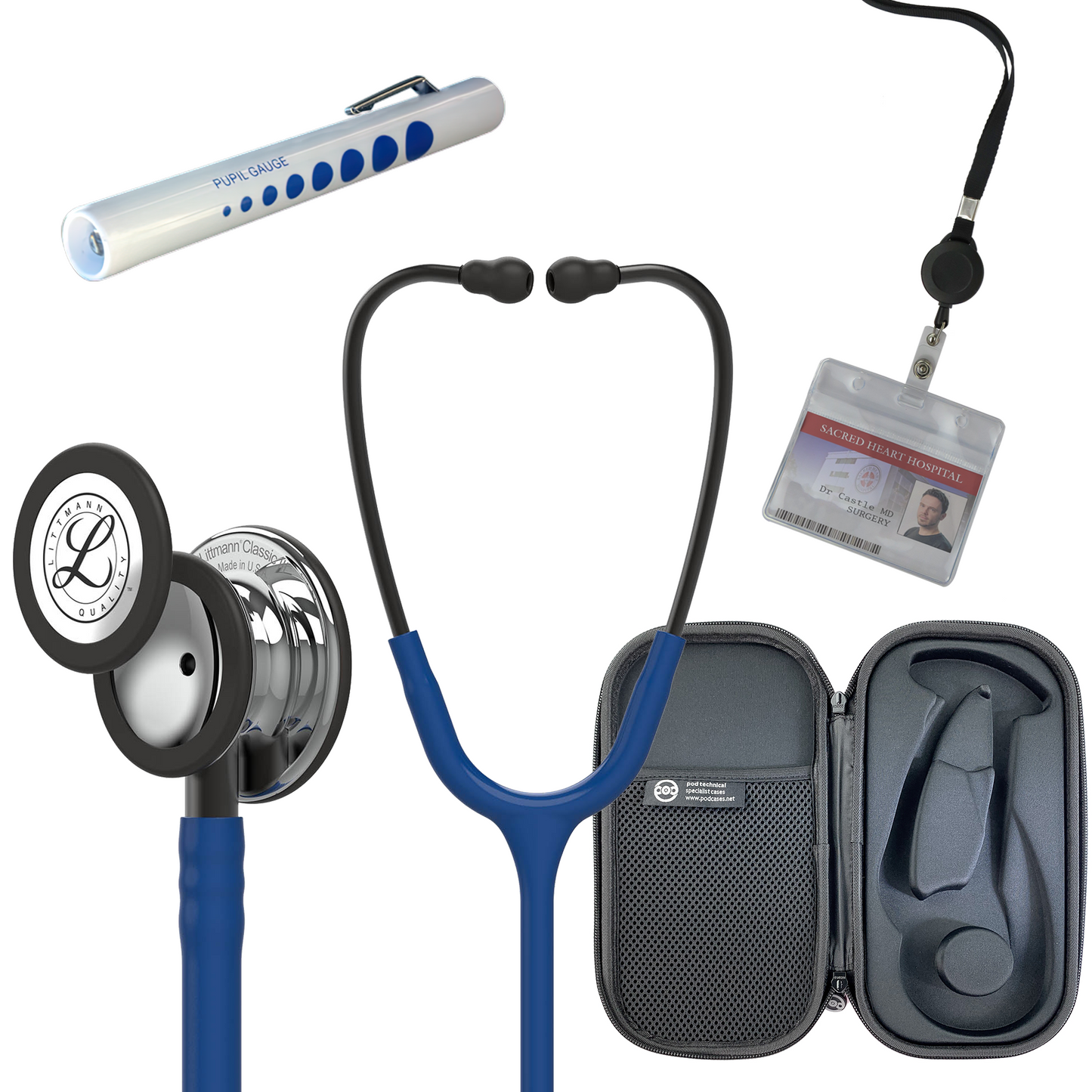 Pre Clinical Kit - Littmann Classic III Stethoscope, All Black Pod Technical Stethoscope Case, Disposable Pen Light & ID Holder