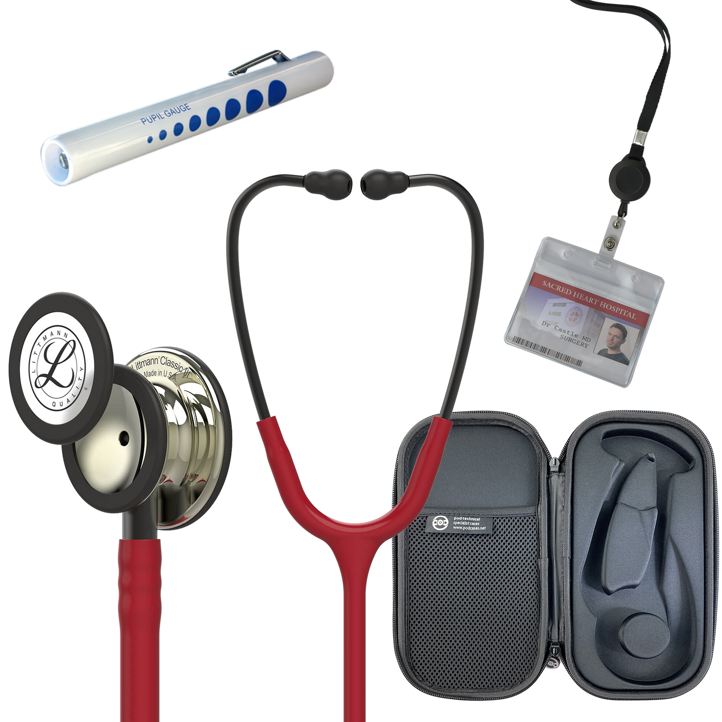 Pre Clinical Kit - Littmann Classic III Stethoscope, All Black Pod Technical Stethoscope Case, Disposable Pen Light & ID Holder