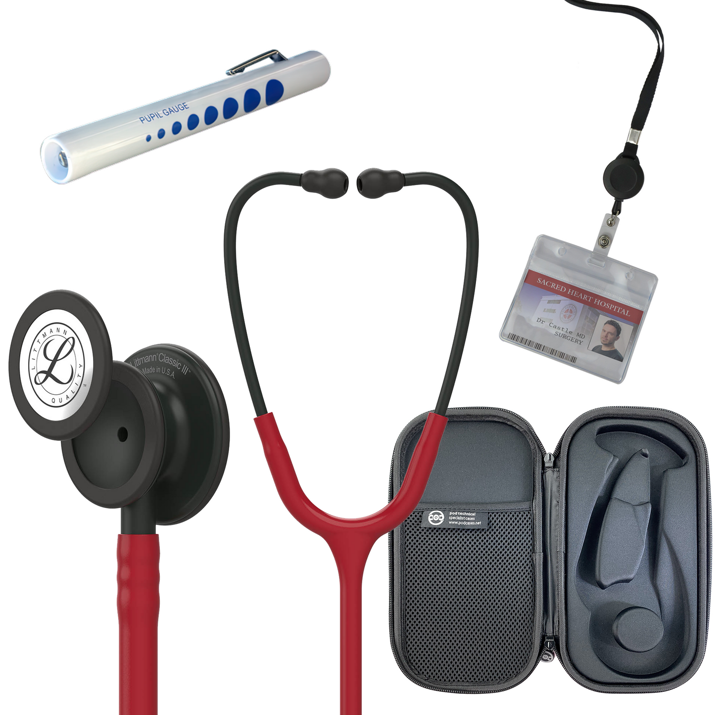 Pre Clinical Kit - Littmann Classic III Stethoscope, All Black Pod Technical Stethoscope Case, Disposable Pen Light & ID Holder