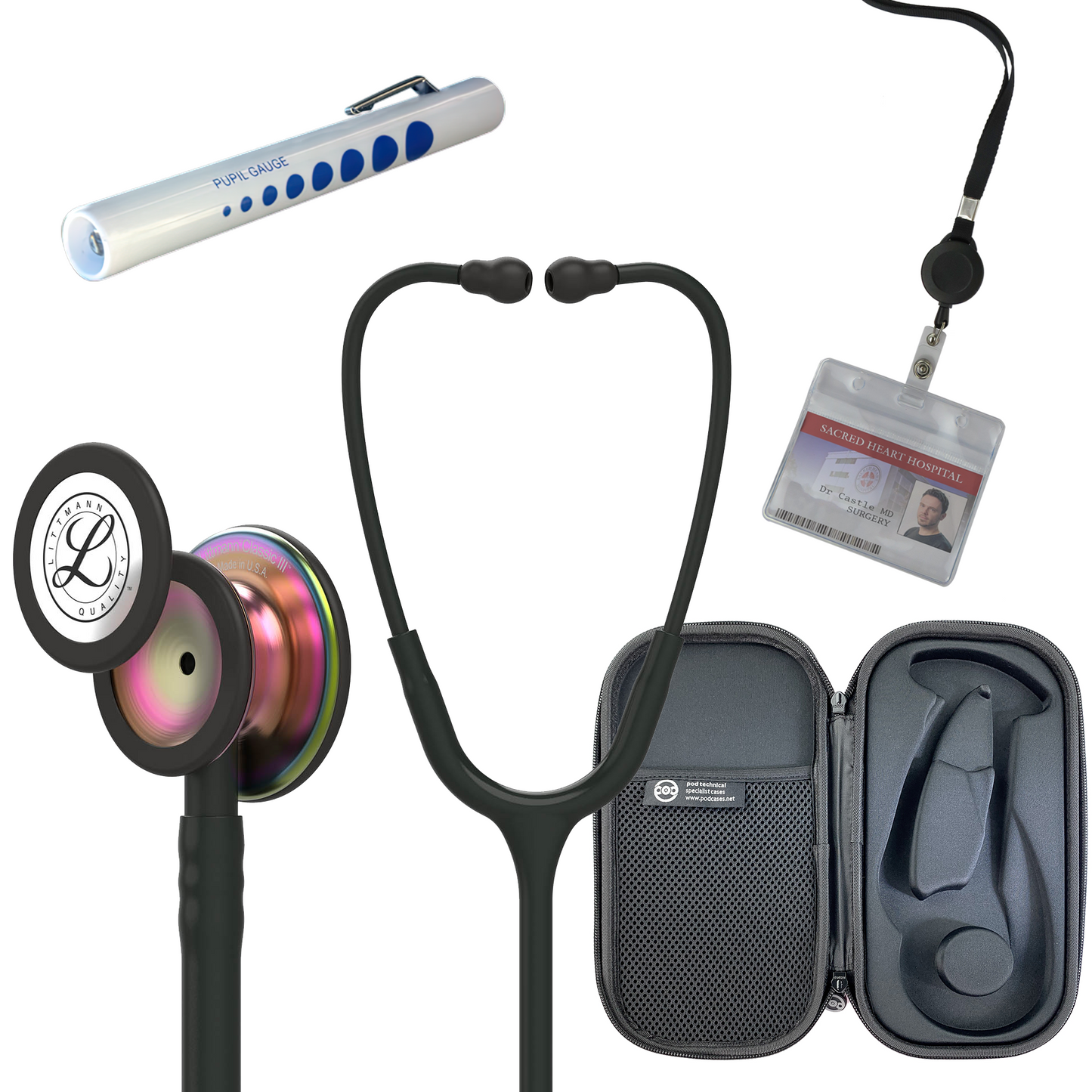Pre Clinical Kit - Littmann Classic III Stethoscope, All Black Pod Technical Stethoscope Case, Disposable Pen Light & ID Holder
