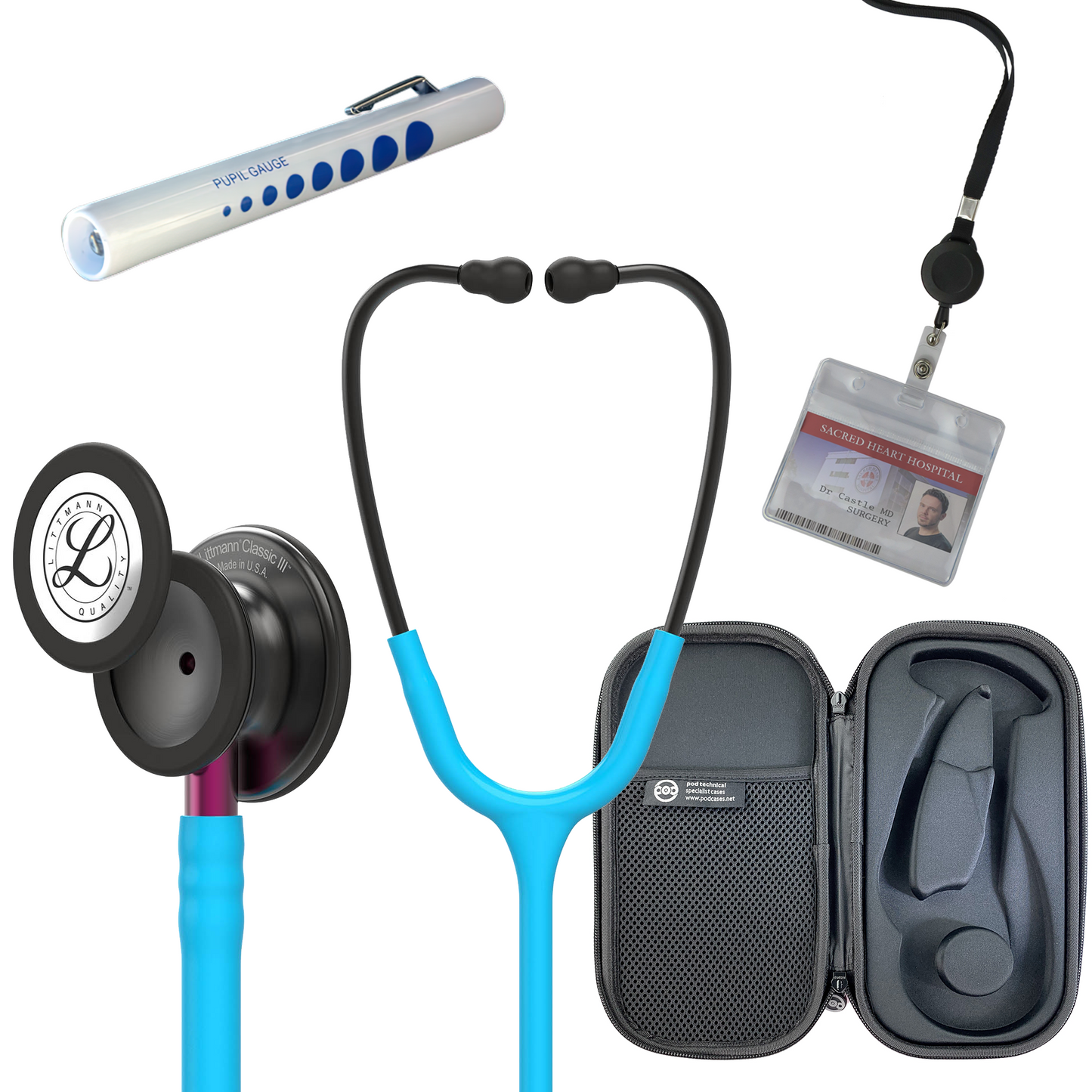 Pre Clinical Kit - Littmann Classic III Stethoscope, All Black Pod Technical Stethoscope Case, Disposable Pen Light & ID Holder