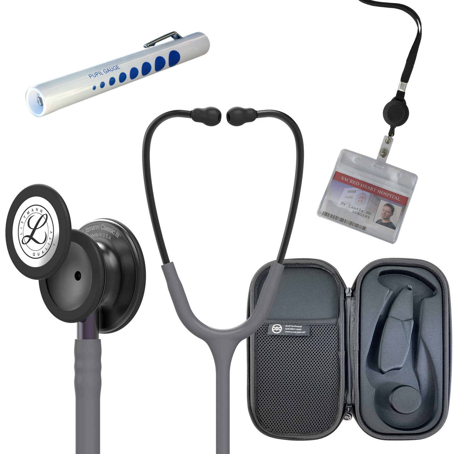 Pre Clinical Kit - Littmann Classic III Stethoscope, All Black Pod Technical Stethoscope Case, Disposable Pen Light & ID Holder