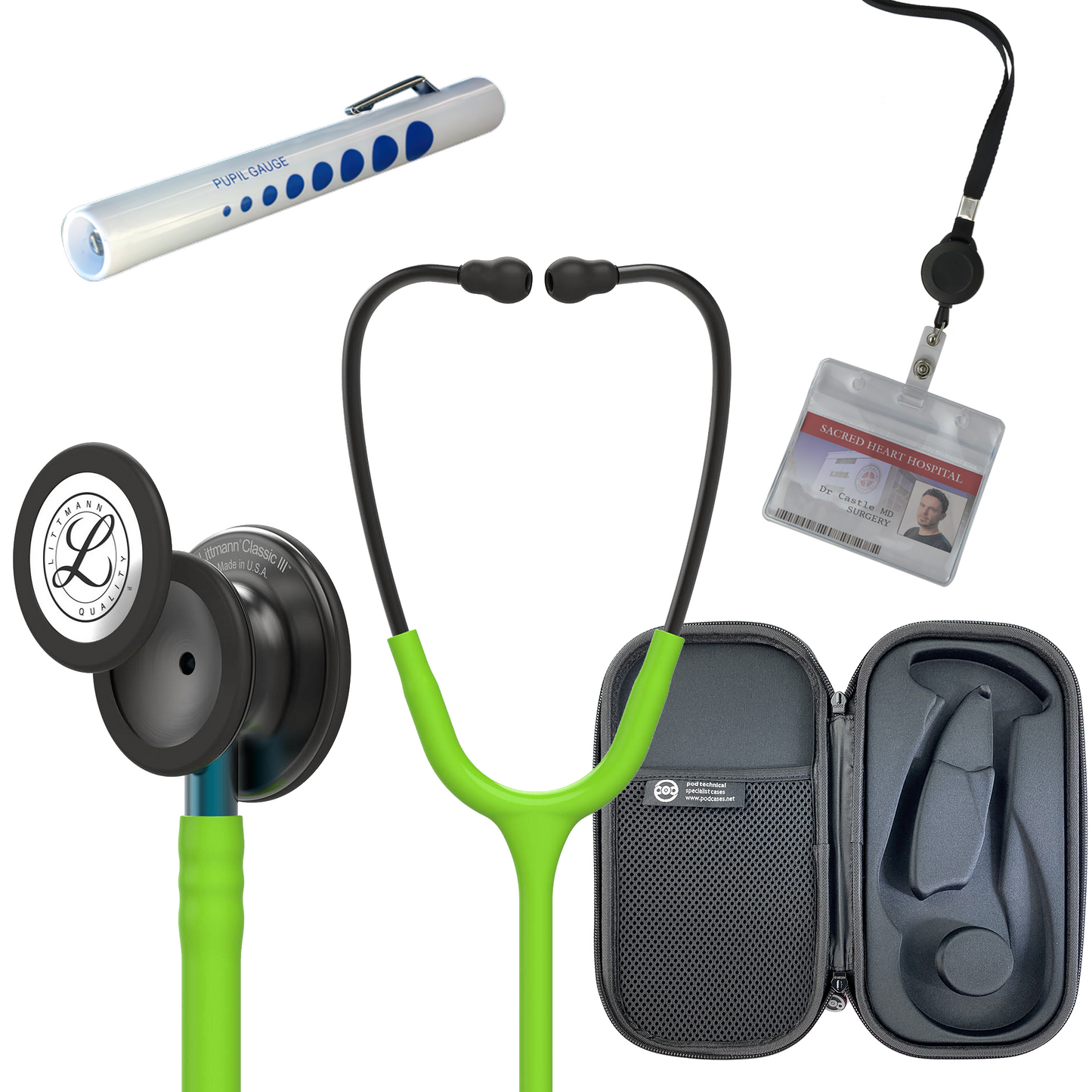 Pre Clinical Kit - Littmann Classic III Stethoscope, All Black Pod Technical Stethoscope Case, Disposable Pen Light & ID Holder