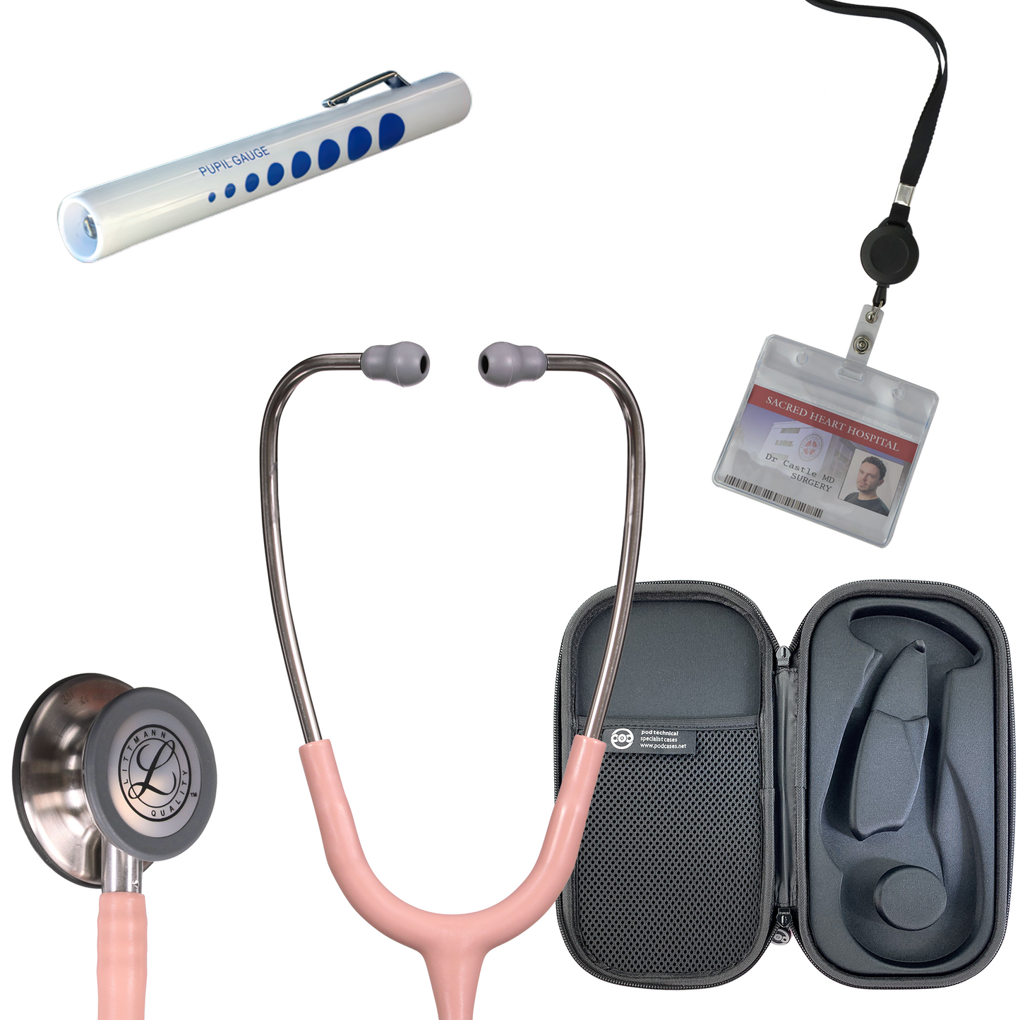 Pre Clinical Kit - Littmann Classic III Stethoscope, All Black Pod Technical Stethoscope Case, Disposable Pen Light & ID Holder