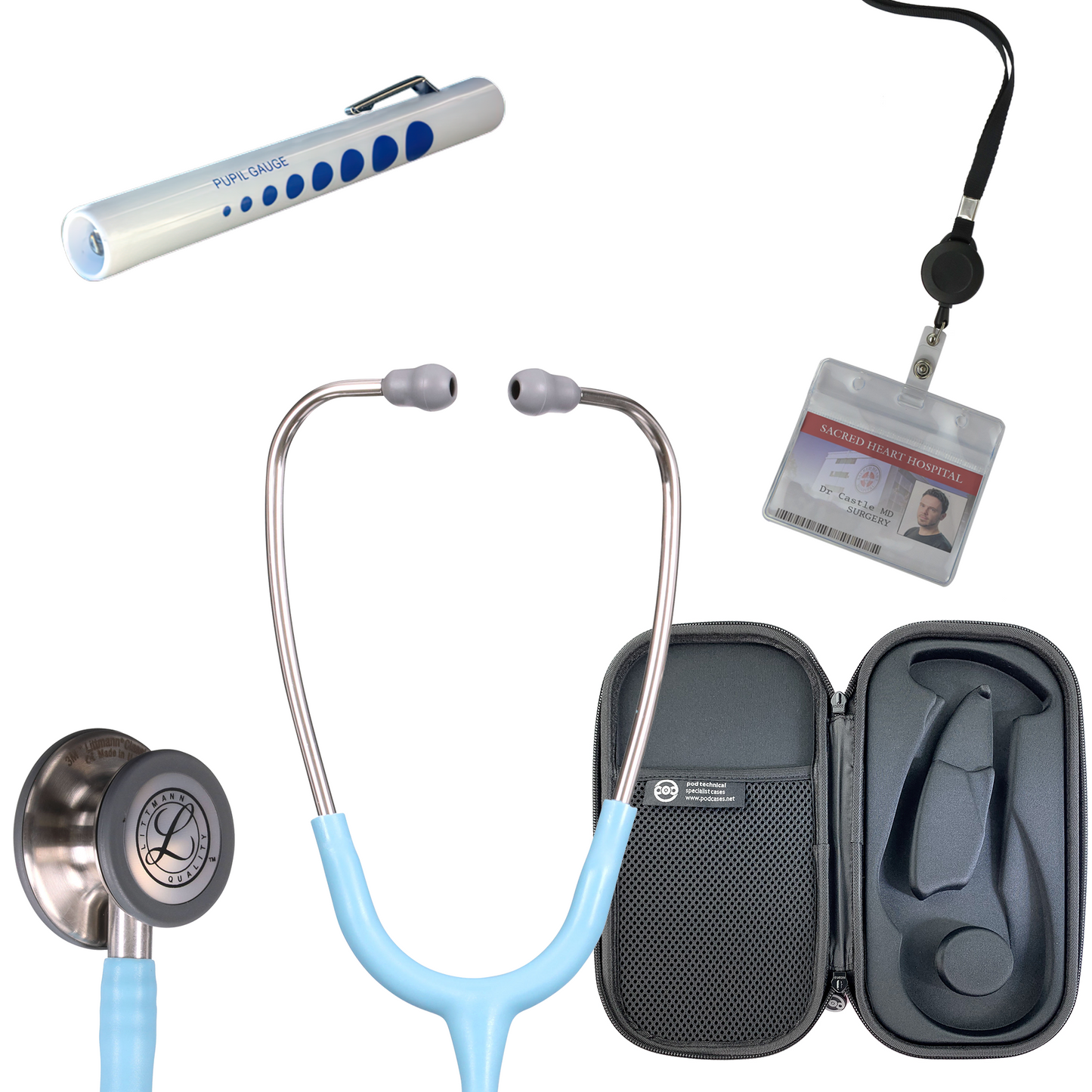 Pre Clinical Kit - Littmann Classic III Stethoscope, All Black Pod Technical Stethoscope Case, Disposable Pen Light & ID Holder