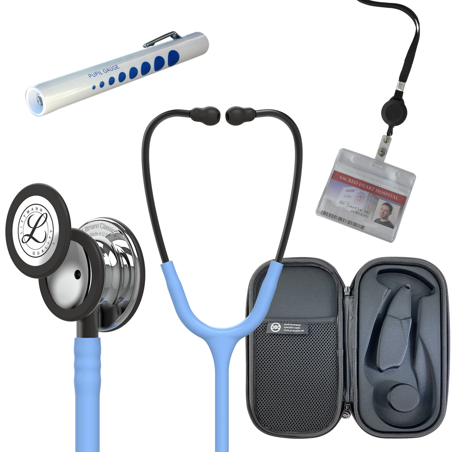 Pre Clinical Kit - Littmann Classic III Stethoscope, All Black Pod Technical Stethoscope Case, Disposable Pen Light & ID Holder