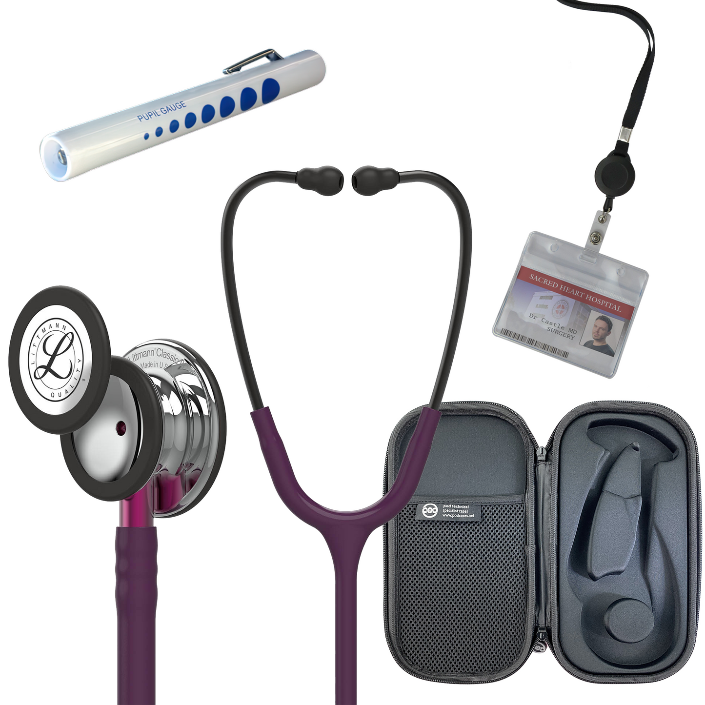 Pre Clinical Kit - Littmann Classic III Stethoscope, All Black Pod Technical Stethoscope Case, Disposable Pen Light & ID Holder