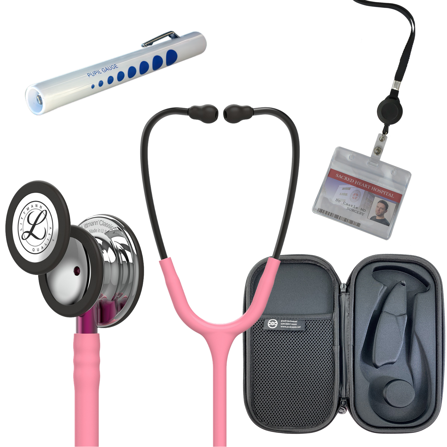 Pre Clinical Kit - Littmann Classic III Stethoscope, All Black Pod Technical Stethoscope Case, Disposable Pen Light & ID Holder