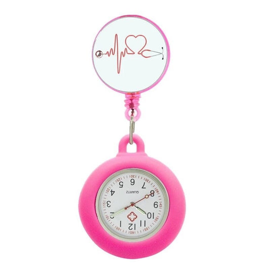 Retractable Nurses Fob Watch - Dark Pink Heart Beat