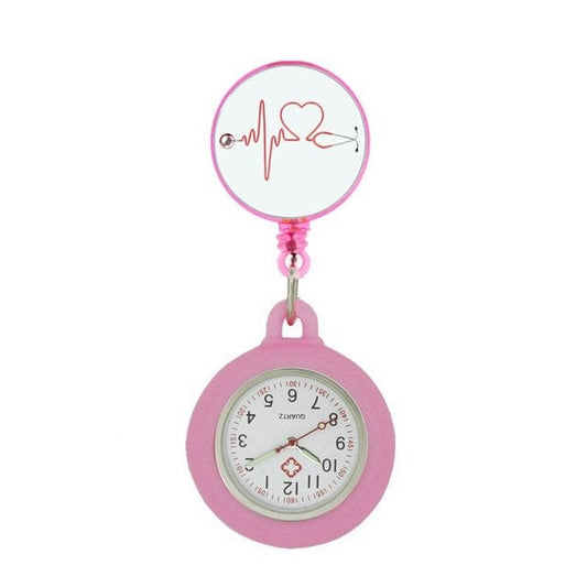 Retractable Nurses Fob Watch - Pink Heart Beat